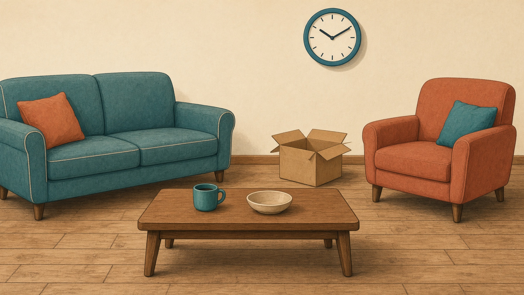 A living room with a sofa, armchair, table, clock, and a box